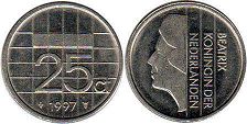 монета Нидерланды 25 центов 1997