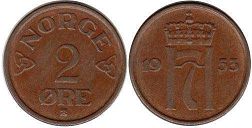 монета Норвегия 2 эре 1953