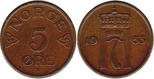 монета Норвегия 5 эре 1953