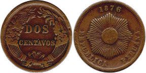 монета Перу 2 сентаво 1876