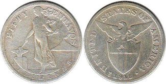 монета Филиппины 50 сентаво 1918