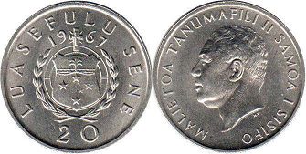 монета Самоа 20 сене 1967