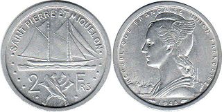 монета Сен-Пьер и Микелон 2 франка 1948