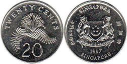 монета Сингапур 20 центов 1997