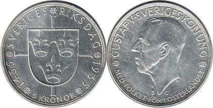 монета Швеция 5 крон 1935