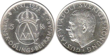 монета Швеция 5 крон 1952