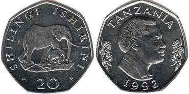 монета Танзания 20 шиллинги 1992