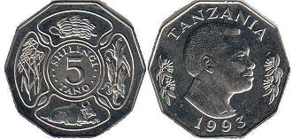 монета Танзания 5 шиллинги 1993