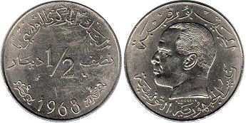 монета Тунис 1/2 динара 1968