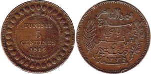 монета Тунис 5 сантимов 1916