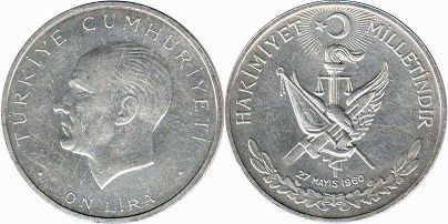 монета Турция 10 лир 1960