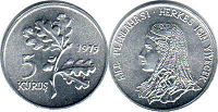 монета Турция 5 курушей 1975