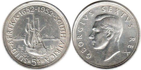 монета Южная Африка 5 шиллингов 1952