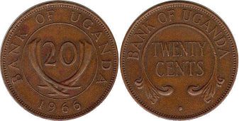 монета Уганда 20 центов 1966