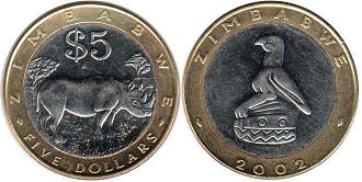 монета Зимбабве 5 долларов 2002