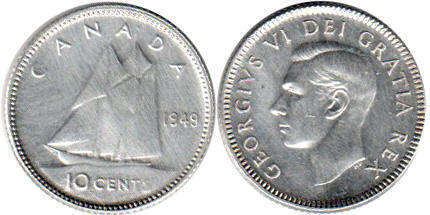 монета Канада монета 10 центов 1949