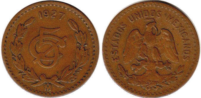 Мексика монета 5 сентаво 1927