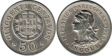 монета Ангола 50 сентаво Cinquenta 1928