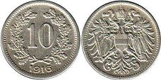 монета Австрийская Империя 10 геллеров 1916