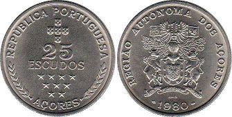 монета Азоры 25 эскудо 1980
