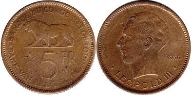 монета Бельгийское Конго 5 франков 1936