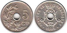 монета Бельгия 5 сантимов 1905