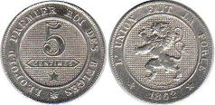 монета Бельгия 5 сантимов 1862
