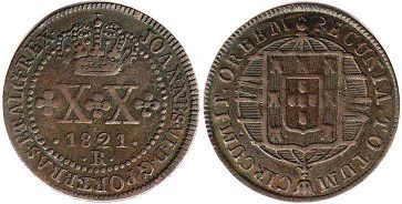 монета Бразилия 20 рейс 1821