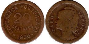 монета Острова Зелёного Мыса 20 сентаво 1930