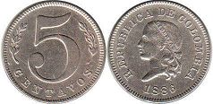 монета Колумбия 5 сентаво 1886