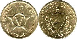 монета Куба 5 сентаво 1943