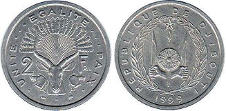 монета Джибути 2 франка 1999