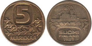 монета Финляндия 5 марок 1989