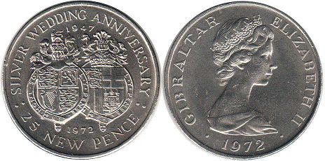 монета Гибралтар 25 новых пенсов 1972