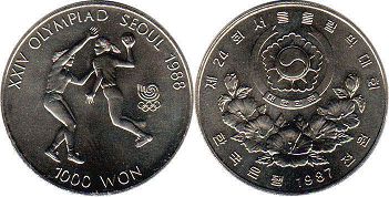 монета Южная Корея 1000 вон 1987