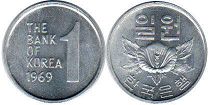 монета Южная Корея 1 вона 1969