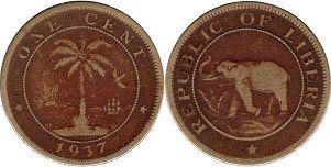 монета Либерия 1 цент 1937