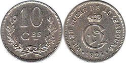 монета Люксембург 10 сантимов 1924