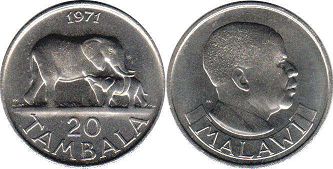 монета Малави 20 тамбала 1971