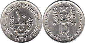 монета Мавритания 10 угий 1973