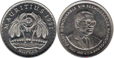 монета Маврикий 5 рупий 1987