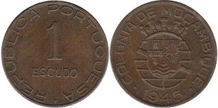 монета Мозамбик 1 эскудо 1945