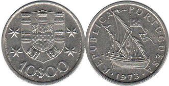 монета Португалия 10 эскудо 1973