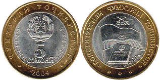 монета Таджикистан 5 сомони 2004