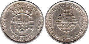 монета Тимор 5 эскудо 1970
