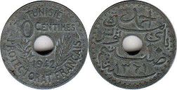 монета Тунис 10 сантимов 1942