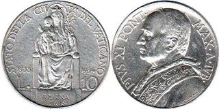 монета Ватикан 10 лир 1933-1934