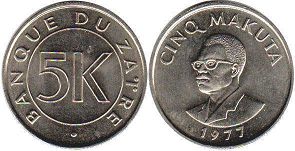 монета Заир 5 макута 1977
