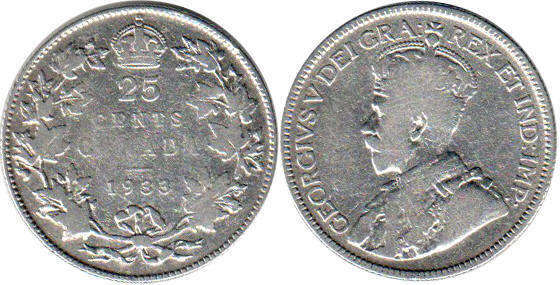 монета Канада монета 25 центов 1933