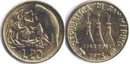 монета Сан-Марино 20 лир 1975
